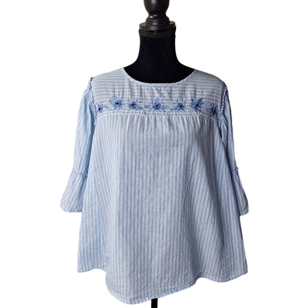Westport Blue White Pullover Striped Short Ruffle Sleeve Cotton Top Size 1x